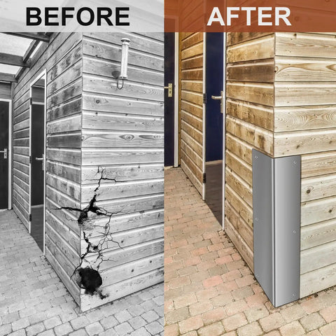 Before and after installation of Straight Up Heavy Duty 2 Pack Stainless Steel Corner Guards For Vinyl Siding And Exterior Walls 3 3/8 Inch By 3 3/8 By 15 3/4 Size With 89 Degree Angle For Killer Weed Wacker Protection.