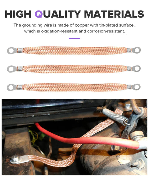 Heavy Duty 6 Pack Copper Braided Automotive Ground Straps With Terminal Plugs displayed with oxidation-resistant wires.