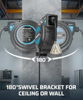 Heavy Duty Retractable Extension Cord Reel With Twist Lock Stopper, mounted on wall, showing 180 degree swivel, black.