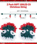 2 Pack 66FT 100LED C9 Christmas String Lights with red and clear bulbs on green wire shown with measurement details.