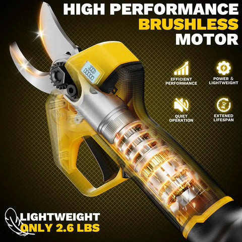 Brushless Electric Pruning Shears Cordless Garden Power Tool with LCD Display and SK5 Blades highlighting motor and features