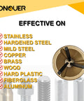 Deburring external chamfer tool with tungsten blade and quick-release shank, shown with three-blade cutting head.