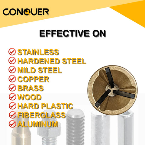 Deburring external chamfer tool with tungsten blade and quick-release shank, shown with three-blade cutting head.
