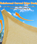 Sun Shade Sail Triangle 16x16x22.6 Ft Sand Color With Curved Edges 185GSM HDPE Shade Cloth Built For Outdoor Use Provides Up To 95 Percent UV Block Breathable Wind Resistant Backyard Deck Patio Shade Commercial Grade Custom Sizes Available with reinforced curved edge design shown.