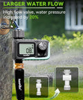 Smart Hose Sprinkler Timer That Makes Watering A Breeze With Rain Delay And Manual Auto Modes Fully Programmable Digital Irrigation For Yard And Lawn One Outlet Outdoor Water Timer connected to outdoor faucet with water flowing.