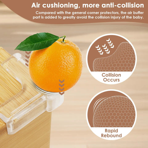 12 Pack Heavy Duty Corner Protectors For Baby Safety Furniture Edge Guards next to an orange demonstrating air cushioning impact resistance.