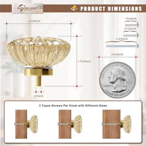 Product dimensions of 8 Pack 1-3/8 Inch Champagne Gold Crystal Cabinet Knobs With Vintage Floral Design shown with screws and measurements