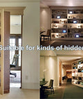 Hidden door hinge for bookcase doors; heavy-duty steel for large concealed doors in wood shelves.