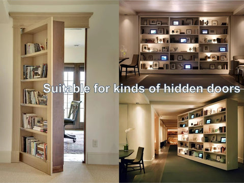 Hidden door hinge for bookcase doors; heavy-duty steel for large concealed doors in wood shelves.