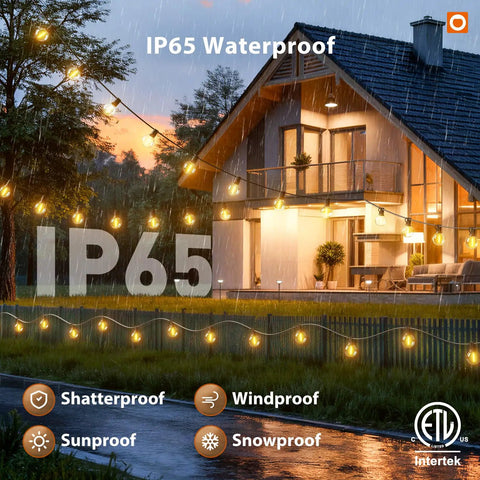 100Ft Outdoor String Lights G40 With Remote 54 LED Shatterproof Bulbs illuminating house in rain, showcasing IP65 waterproof feature.