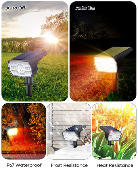 Outdoor Lit Solar Lights Waterproof 4 Pack Ultra Bright LED Landscape Uplights with 46 LEDs, auto on/off in various settings.