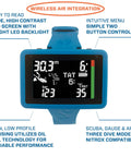 Front view of Luna 2.0 AI Wrist Dive Computer with Bluetooth and easy read wide LCD, highlighting two button menu and slim oil-filled housing.