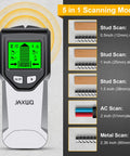 5 In 1 Stud Finder Wall Scanner with Smart Chip and HD LCD Display showing scanning modes and depths for walls and ceilings detection