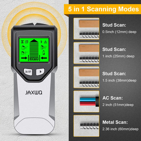 5 In 1 Stud Finder Wall Scanner with Smart Chip and HD LCD Display showing scanning modes and depths for walls and ceilings detection