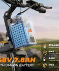 Close-up of the 48V 7.8Ah lithium-ion battery on a Foldable Electric Bike For Adults With 750W Peak Motor And 48V Battery 50 Miles.