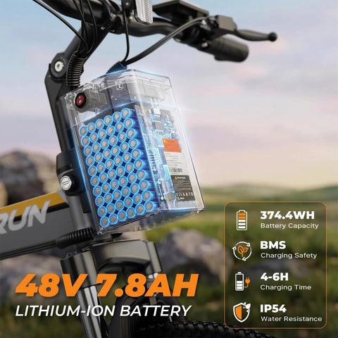 Close-up of the 48V 7.8Ah lithium-ion battery on a Foldable Electric Bike For Adults With 750W Peak Motor And 48V Battery 50 Miles.
