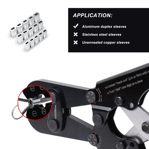 Heavy Duty Wire Rope Cutting And Crimping Tool for Aluminum Oval And Double Barrel Stop Ferrule Sleeves shown with wire.