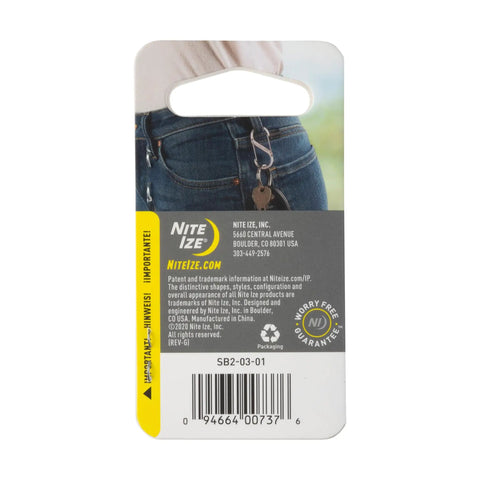SBiner Stainless Steel Dual Carabiner Clip Set packaging with carabiner attached to jeans, ideal for camping and hiking gear.