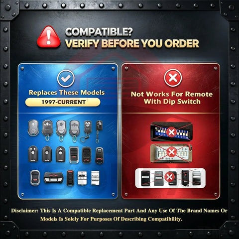 Compatibility guide showing models suited for 2-Pack Universal Garage Door Opener Remote Replacement for Genie and Overhead Door.