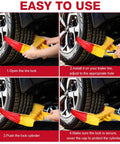 Three Pack Heavy Duty Trailer Wheel Locks For Cars And Vehicles Beefy Universal Anti Theft Tire Clamps Deterrent Yellow And Red Includes Two Keys Each For Campers SUVs ATVs Boats And Motorcycles shown installed on tires with step-by-step instructions.