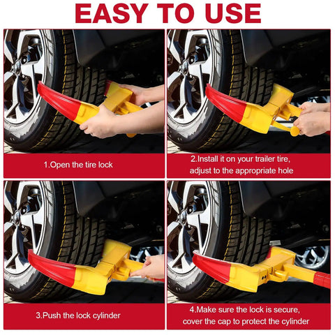 Three Pack Heavy Duty Trailer Wheel Locks For Cars And Vehicles Beefy Universal Anti Theft Tire Clamps Deterrent Yellow And Red Includes Two Keys Each For Campers SUVs ATVs Boats And Motorcycles shown installed on tires with step-by-step instructions.