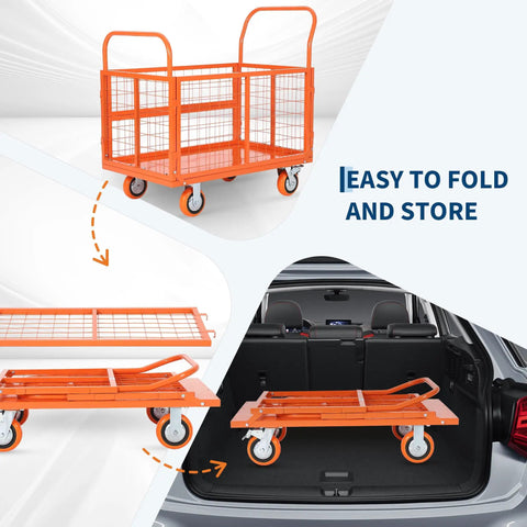 1800 Lbs Platform Truck Cart With Cage 6 In 1 Multi Functional Design Transforms Into Cage Cart Flatbed Dolly 2 Shelf Cart U Boat Truck Or 3 Side Fence Cart Hand Truck For Warehouse Groceries And Heavy Moving, orange folded cage cart in car trunk