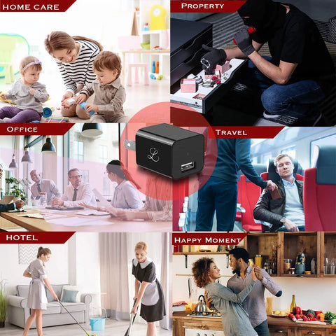 Collage featuring Hidden Spy Camera Nanny Cam With 1080P Full HD Video And Advanced Motion Detection for various surveillance uses.