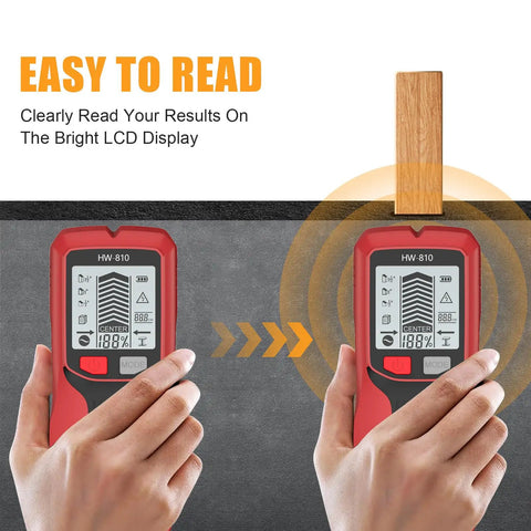 Professional Handheld Wall and Metal Detector Wall Scanner with LCD Screen shows results on bright display while scanning for studs.