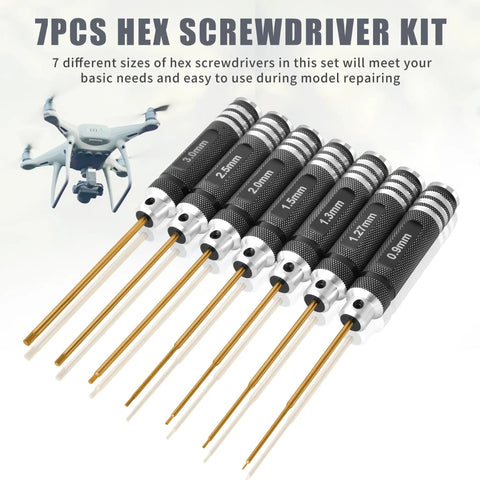 Heavy Duty Pro Grade Titanium Coated Hex Screwdriver Kit With Seven Precision Steel Bits For Fpv Racing Drones Rc Helicopters And Watercraft Hassle Free Tuning Gear with hex sizes 0.9-3.0mm.