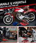 Beefy 1200 Lbs Motorcycle Lift Jack With Wheels For Dirt Bikes Street Bikes Cruisers And ATVs in use for repairs