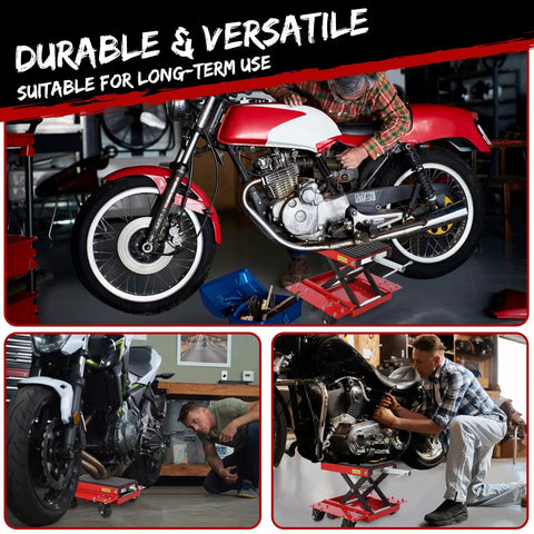 Beefy 1200 Lbs Motorcycle Lift Jack With Wheels For Dirt Bikes Street Bikes Cruisers And ATVs in use for repairs