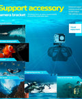 Support accessory with camera bracket for underwater recording, showcasing uses like marine record and photography in ocean.
