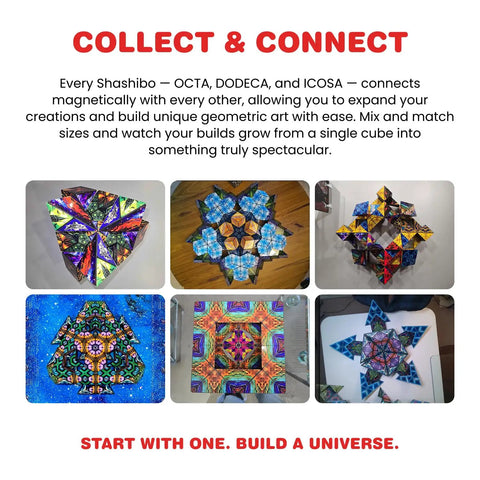 Dodeca Magnetic Puzzle Cube Fidget Toy For Stress Relief And Focus, Over 100 Transformations To Build Calm, shown in 6 builds