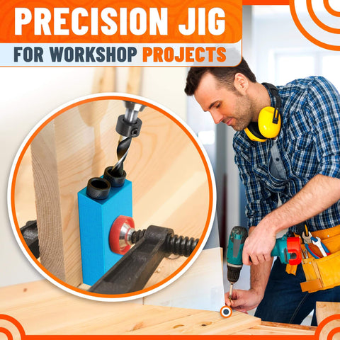 Man using Pocket Hole Jig Kit For Woodworking, 14-Piece Aluminum Pocket Screw Jig Set with 0.2 Millimeter Precision and drill guide