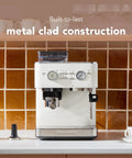 Semi Automatic Espresso Machine With Built In Burr Grinder And Smart Dosing Tech For Smooth One Or Two Shot Pulls Sturdy Metal Body In Porcelain White on counter