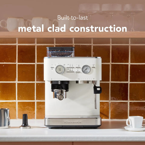 Semi Automatic Espresso Machine With Built In Burr Grinder And Smart Dosing Tech For Smooth One Or Two Shot Pulls Sturdy Metal Body In Porcelain White on counter
