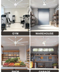 Top Shelf 84 Inch Industrial Ceiling Fan With Seven Heavy Duty Blades And Integrated Overhead Light in gym, warehouse, shop, and garage settings.