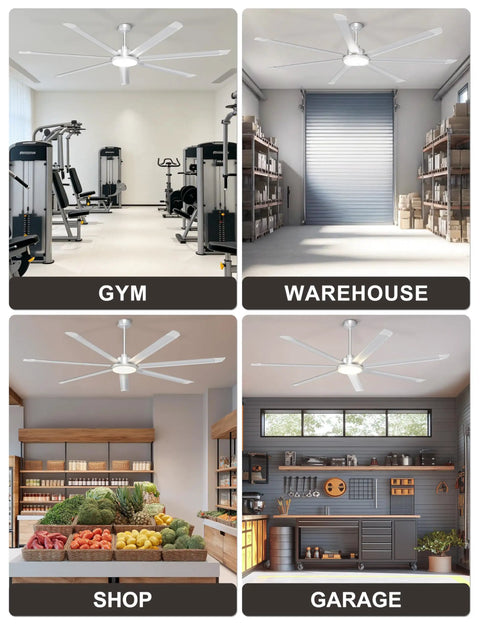Top Shelf 84 Inch Industrial Ceiling Fan With Seven Heavy Duty Blades And Integrated Overhead Light in gym, warehouse, shop, and garage settings.