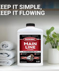Liquid Main Line Cleaner With Bacteria Enzymes To Break Down Organic Buildup In Sewer And Septic Systems Keeps Clogs Away Safe For Bathrooms And Toilets 32 Fl Oz bottle on bathroom shelf with towels and plant