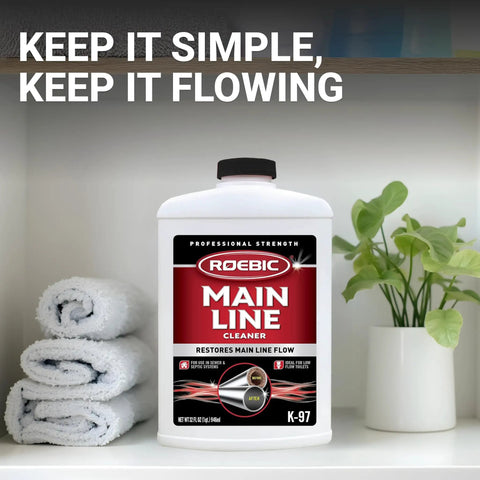 Liquid Main Line Cleaner With Bacteria Enzymes To Break Down Organic Buildup In Sewer And Septic Systems Keeps Clogs Away Safe For Bathrooms And Toilets 32 Fl Oz bottle on bathroom shelf with towels and plant