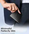 Person placing RFID Blocking Wallet For Men With Pop Up Card Holder And Trifold Slim Design in front pocket.