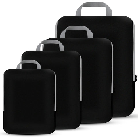4 Piece Compression Packing Cubes Set For Travel Expandable Carry On Organizers Space Saving Luggage Bags Black displayed vertically