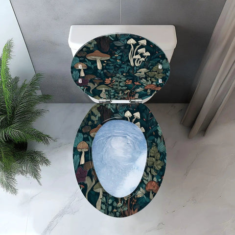 Toilet Seat Elongated Resin for Bathroom Replacement with colorful mushroom design, fits most elongated toilets, top view.