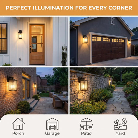 Set And Forget Dusk To Dawn Wall Mount Porch Light With Auto Photocell Sensor illuminating front porch and garage.