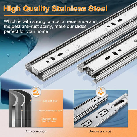 Close-up of Beefy Heavy Duty Stainless Steel Drawer Slides Full Extension 22 Inch showing anti-rust and corrosion features.