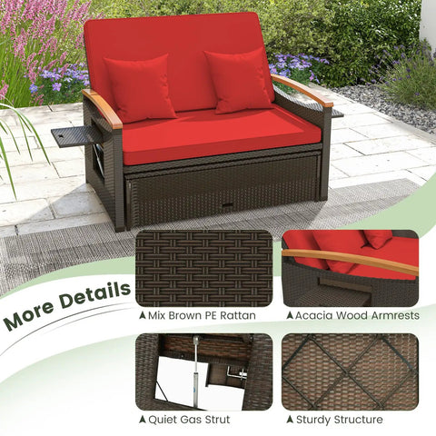 Patio Rattan Daybed With Four Level Adjustable Backrest And Handy Storage Ottoman Outdoor Wicker Loveseat With Acacia Wood Armrests Folding Tray Double Sunbed For Balcony Backyard Or Poolside Red