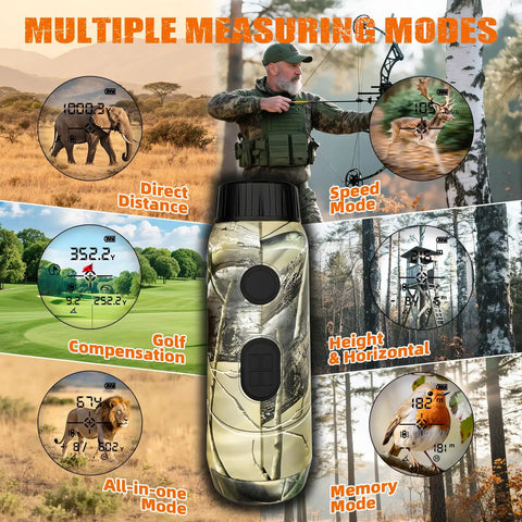 Premium Huntin Laser Rangefinder With 1000 Yard Range Rechargeable Battery Slope And Angle Compensation Speed Tracking Scan Mode 6X Magnification Waterproof Camo Ideal For Huntin Golf And Archery displayed with multiple measuring modes in use