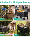 Lightweight Folding Wagon Cart With 350 Lb Capacity For Groceries Camping Gear Garden And Beach Trips Portable Foldable Utility Cart In Black For Everyday Hauling At The Park Farmers Market Or Job Site, shown in various settings like gardening, household, camping, and with pets.