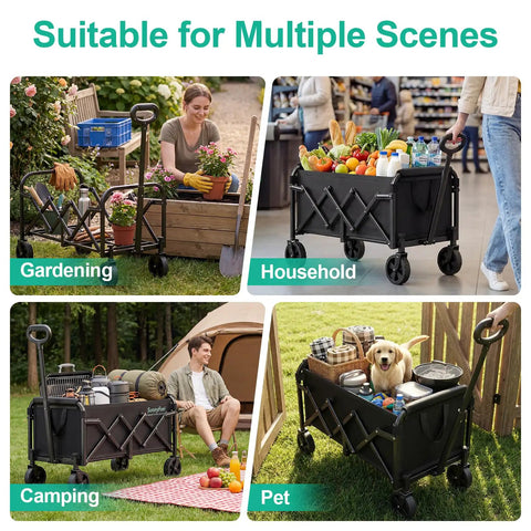 Lightweight Folding Wagon Cart With 350 Lb Capacity For Groceries Camping Gear Garden And Beach Trips Portable Foldable Utility Cart In Black For Everyday Hauling At The Park Farmers Market Or Job Site, shown in various settings like gardening, household, camping, and with pets.