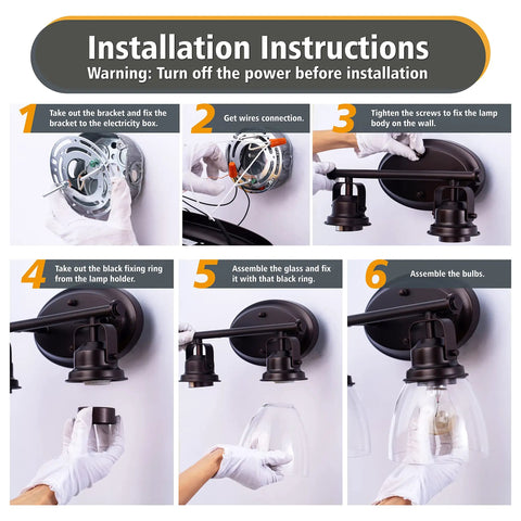 Installation steps for Antique Industrial Wall Sconce Two Light Vanity Fixture In Oil Rubbed Bronze With Clear Glass Shade